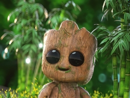 竹林里的婴儿格鲁特树人卡通角色C4D OC模型BABY GROOT BY OSCAR CREATIVO OCTANE RENDER