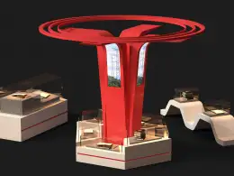 展厅中一个红色的灯箱实物展柜造型c4d渲染作品