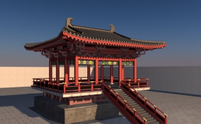 中式建筑：古建观景台、中式阁楼、中式凉亭C4D模型