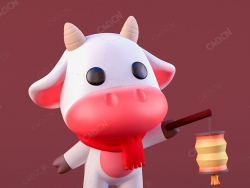 系围巾打灯笼的小牛卡通IP角色C4D模型