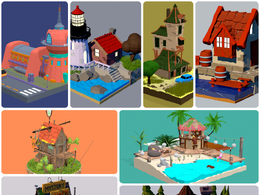 8个卡通低面风格C4D模型合集 灯塔海滩小木屋神秘农舍未来建筑场景素材包