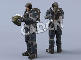 双手抱头盔站立深蓝色宇航服中年男性太空飞行员idle Helmet Scifi PutOn