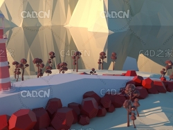 C4D OCTANE低面多边形孤岛灯塔场景模型
