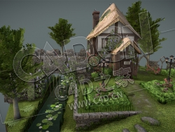 C4D卡通花园城堡房子乡下建筑小河莲花石桥模型 Grandma Castle Garden