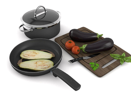 厨具C4D模型（汤锅、炒锅、菜板、茄子、西红杮） kitchenware