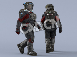 行走的黑红色航天服大胡子男性太空宇航员Walk