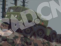 C4D低面多边形山坡上的8轮军用卡车模型