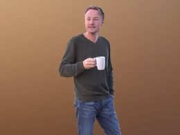 三维扫描写实人物端水杯站着聊天的国外男人