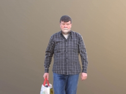 三维扫描写实人物拿袋子走路的国外大爷