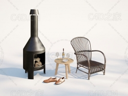 C4D编织藤椅皮鞋火炉模型