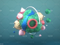 C4D OCTANE低面多边形奶油冰激凌地球卡通场景