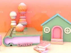 C4D粉色系卡通书本上的城堡电商背景工程