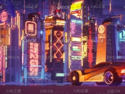 C4D Octane Render夜色阑珊的科幻城市建筑场景
