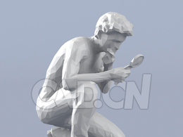 低面多边形卡通人物男人半蹲地上拿放大镜观察模型