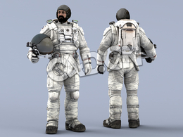 站立右手抱头盔白色太空服大胡子男性宇宙航天员Idle Helmet Pilot ArmPit