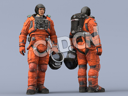 站立左手拎头盔桔黄色太空服年轻女性宇宙航天员Idle Helmet Scifi Holding