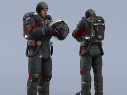 双手抱头盔站立黑红色宇航服年轻男性太空飞行员idle Helmet Scifi PutOn