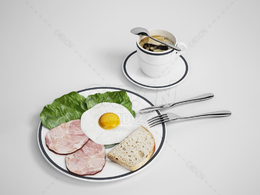 早餐食物咖啡烤肉煎蛋面包蔬菜刀叉C4D模型下载