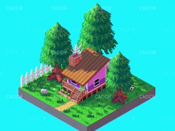 C4D森林之家卡通小木屋模型