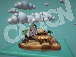 C4D低面卡通白云海岛棕榈树卡通场景模型