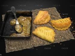 C4D食品食物模型馅饼煎饺烧饼酥饼炸黄金角苹果派