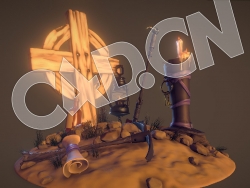 C4D巫师墓地十字架油灯卡通模型