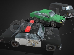C4D三辆低面多边形汽车轿车警车模型 Low Poly car