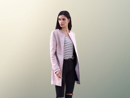 三维扫描写实人物走路扭头看的国外长发女孩