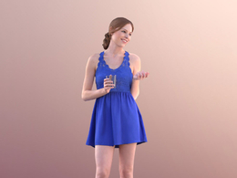 三维扫描写实人物穿蓝色蕾丝裙端水杯聊天的外国女人