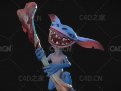 手拿骨头的蓝色大嘴地精卡通角色C4D模型goblin posed