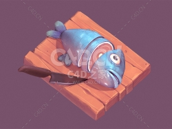 被菜刀切开的卡通生鱼肉C4D模型下载