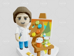 低面多边形卡通绘画老师教画画绘画板颜料C4D模型Painting