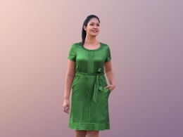 三维扫描写实人物穿绿色连衣裙行走的国外女人