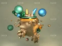 低面多边形卡通悬浮山石树木景观C4D OCTANE工程