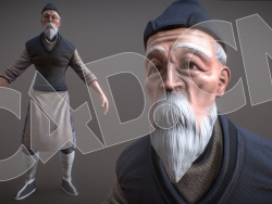 中国古代系围裙的老大爷老村长白胡子老头人物C4D模型
