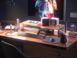 科技风办公桌上的电脑CINEMA 4D产品渲染