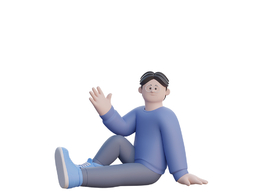 坐在地上单手打招呼的卡通眼镜男孩