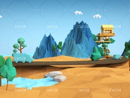 C4D OCTANE低面多边形山峰风景场景工程