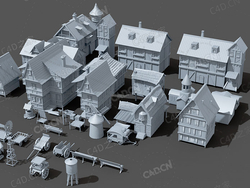 40个中世纪建筑楼房古代建筑生活设施房子马车磨坊风车双轮车手推车水井3D模型Arstation – Noya Medieval Building & Urban Accessories Base Meshes