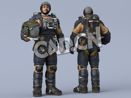 站立右手抱头盔深蓝色太空服中年男性太空飞行员Idle Helmet Scifi ArmPit