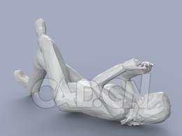 低面多边形卡通人物躺着玩手机的女孩模型