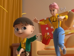 被妈妈追赶的调皮小男孩卡通场景模型