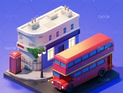 C4D低面卡通双层巴士街边楼房场景模型