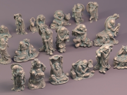 中国传统佛教十八罗汉寺庙雕塑3D模型高精度数字资产下载合集（含.c4d .fbx .max .obj多格式）