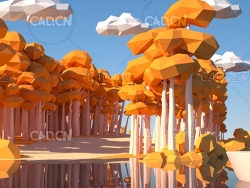 C4D OCTANE低面多边形秋天小岛屿树木景观模型