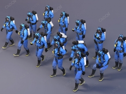 18个不同姿势身穿蓝色防化服的救援人员防化兵战士C4D模型BakedPoses
