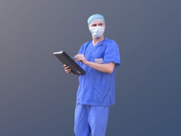 三维扫描写实人物穿手术服戴口罩拿档案的国外男医生