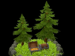低面卡通松树宝箱场景C4D模型 Pine tree box
