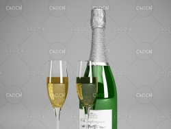白葡萄酒酒瓶酒杯酒水饮料香槟酒C4D模型 Champagne