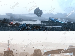 科幻飞行器宇宙飞船降落在外星球概念场景